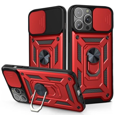 iPhone 13 Cover Schutzhülle TPU/PC Kombi Metallring Standfunktion Rot